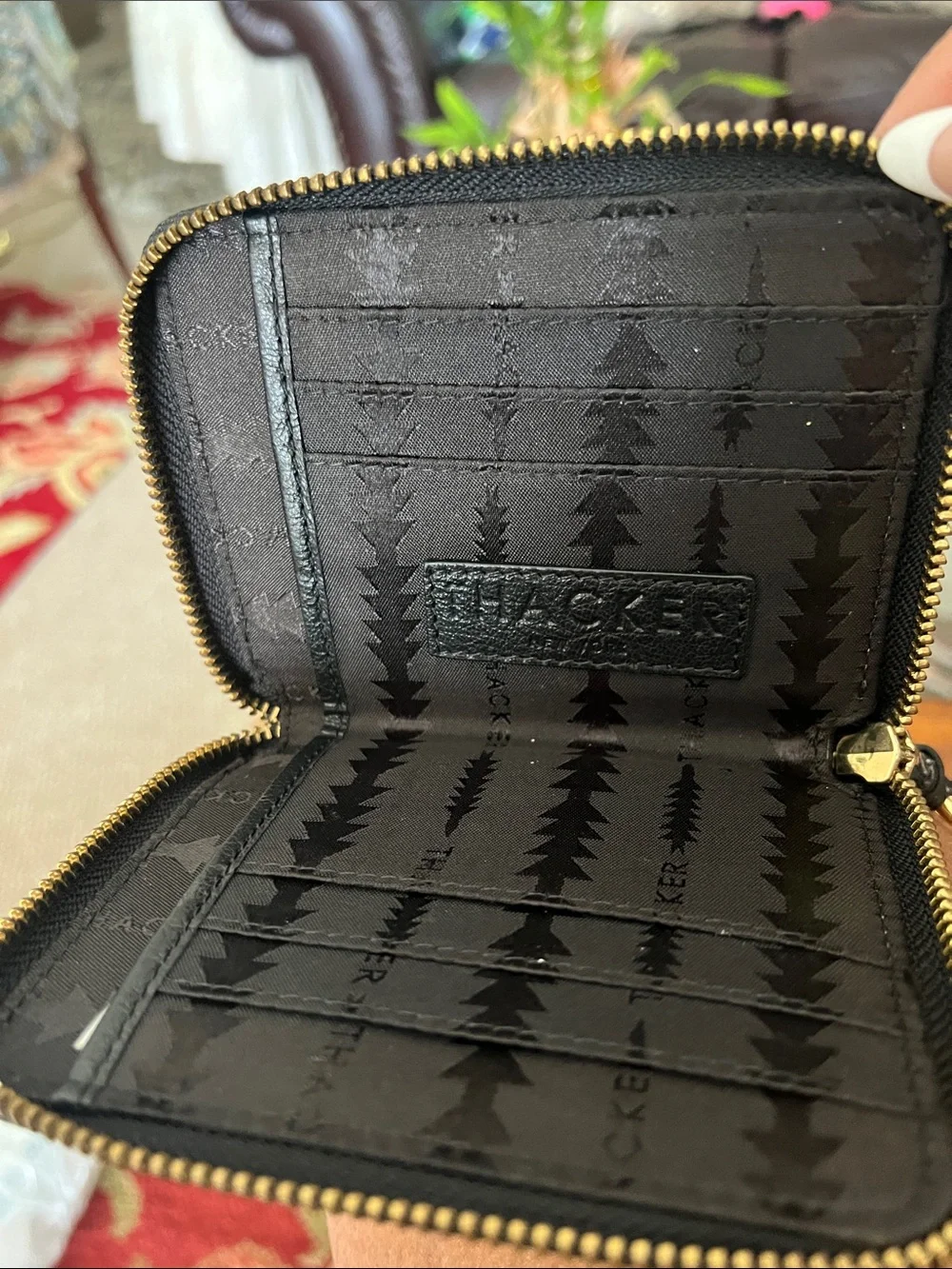 Thacker, Black Leather Zip Wallet with Golden Accent